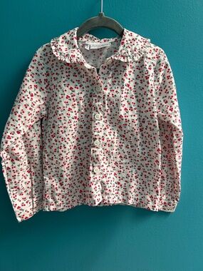 Whimsical White Button-Front Cherry Print Blouse Ruffles Cottagecore